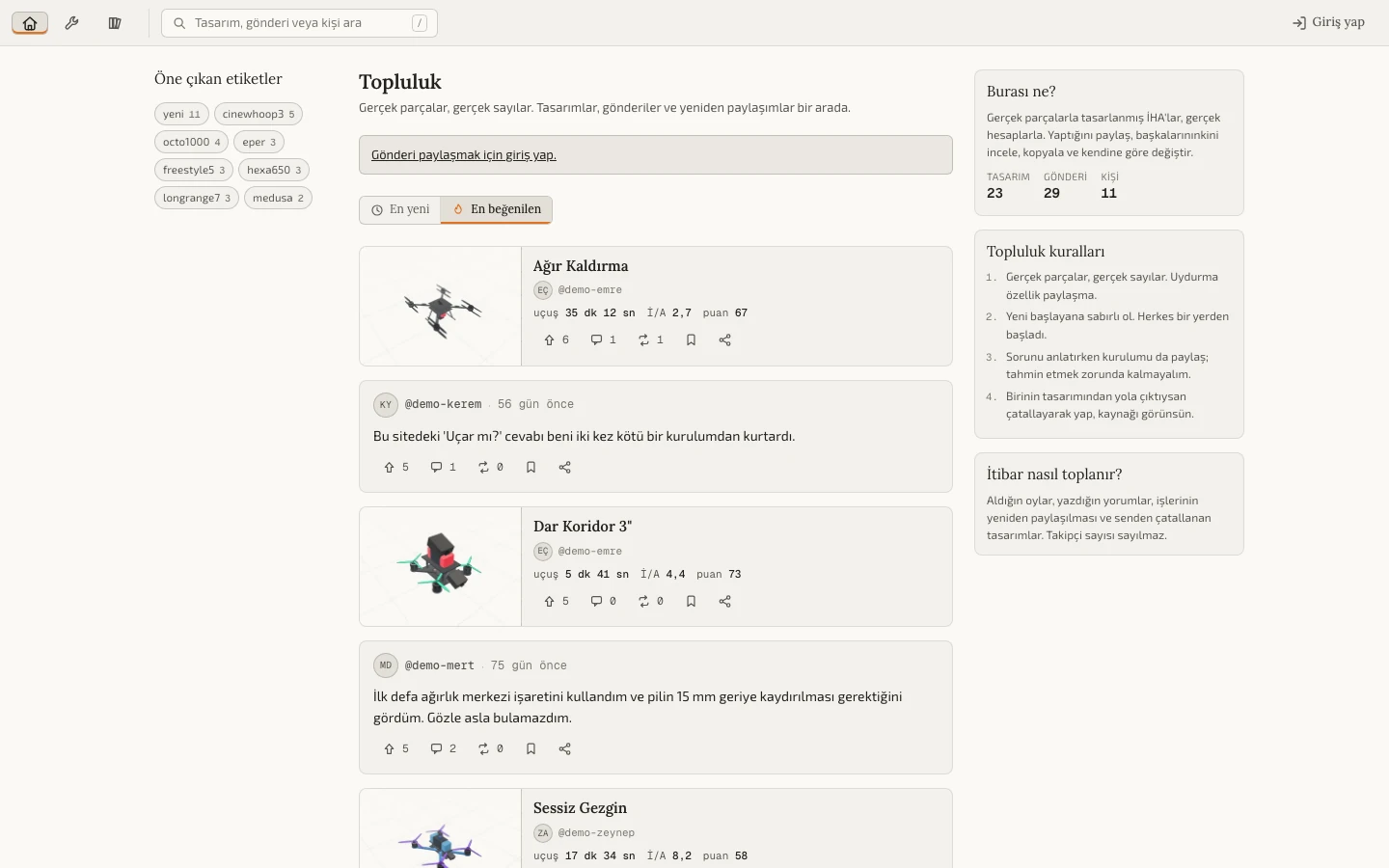 İHA Maker topluluğu: yayınlanan tasarımları inceleme ve paylaşma ekranı.