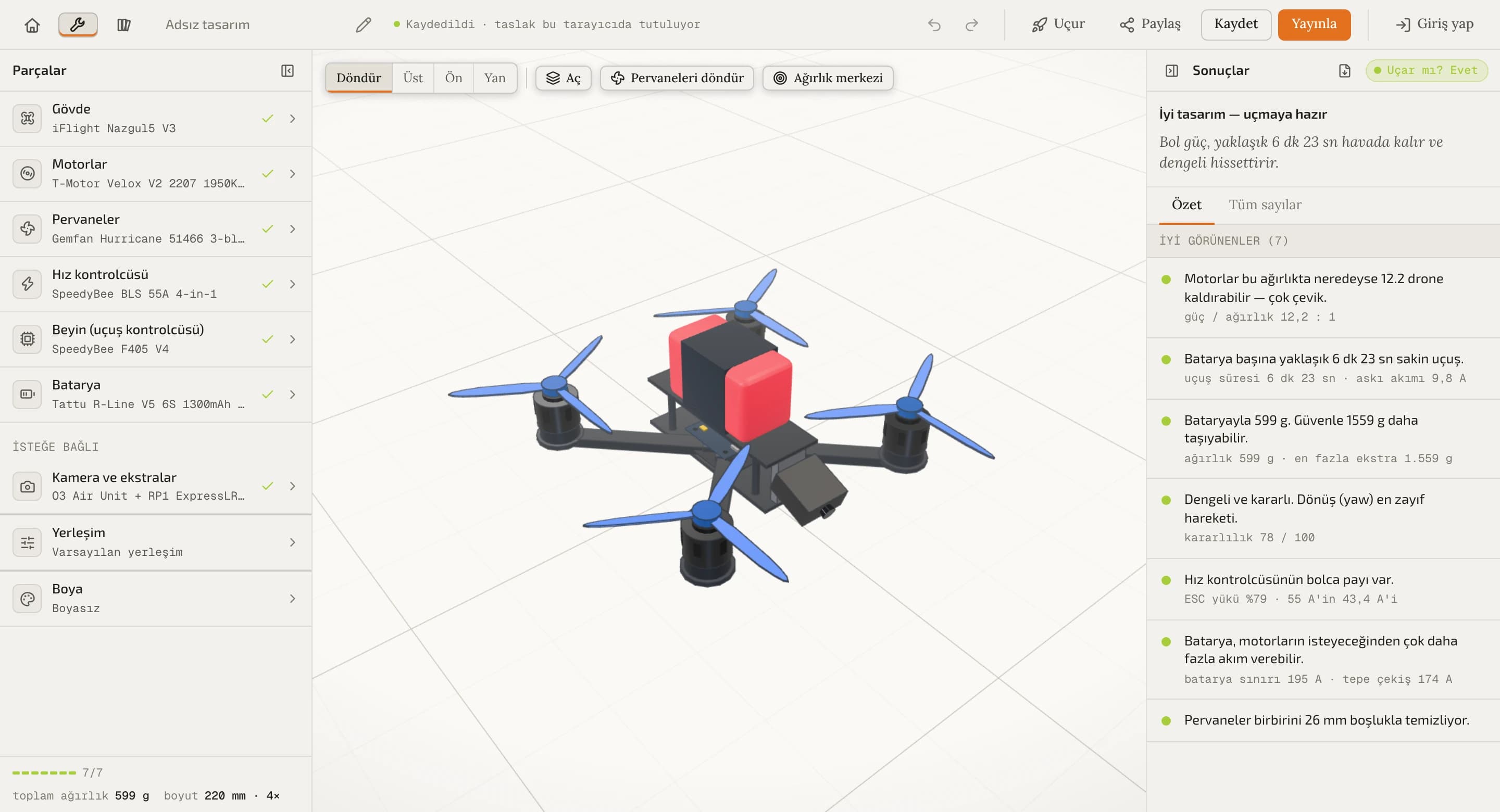 İHA Maker atölyesi: tasarım ağacı, seçilen parçaların 3B modeli ve analiz sonuçları.